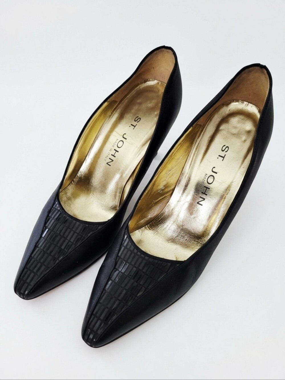 Vintage St. John Black Satin Pointed-Toe Pumps, Black Sequins Gold Interior Sz 8